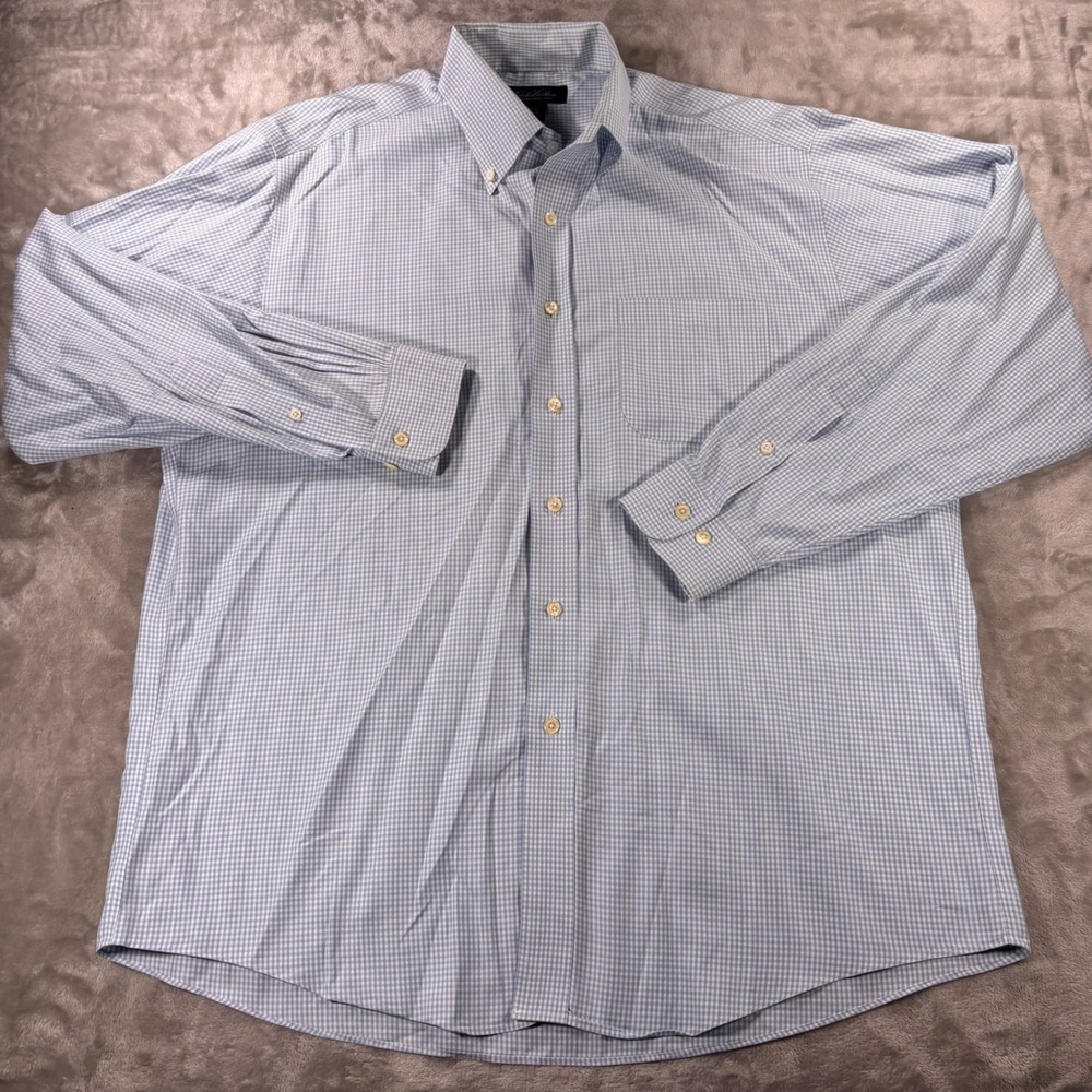 Brooks Brothers Mens Large Non-Iron Gingham Button Down Shirt Blue White Cotton
